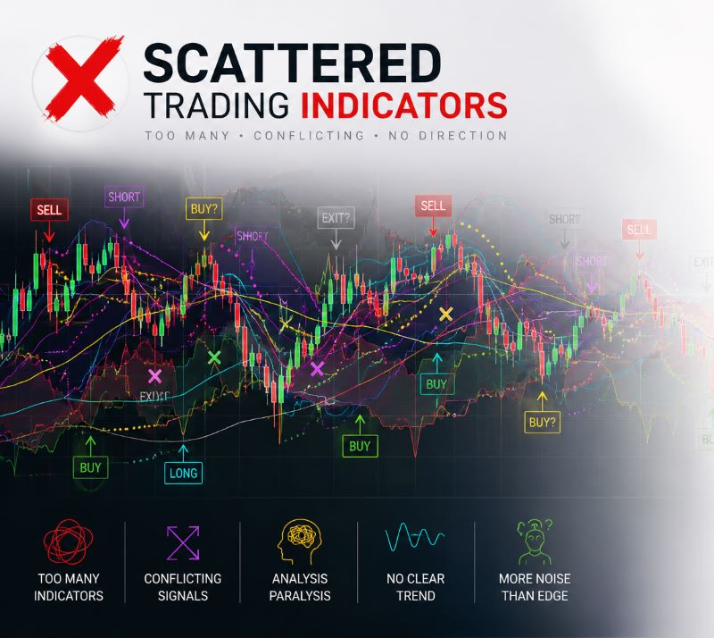 Trading chart crowded with multiple indicators